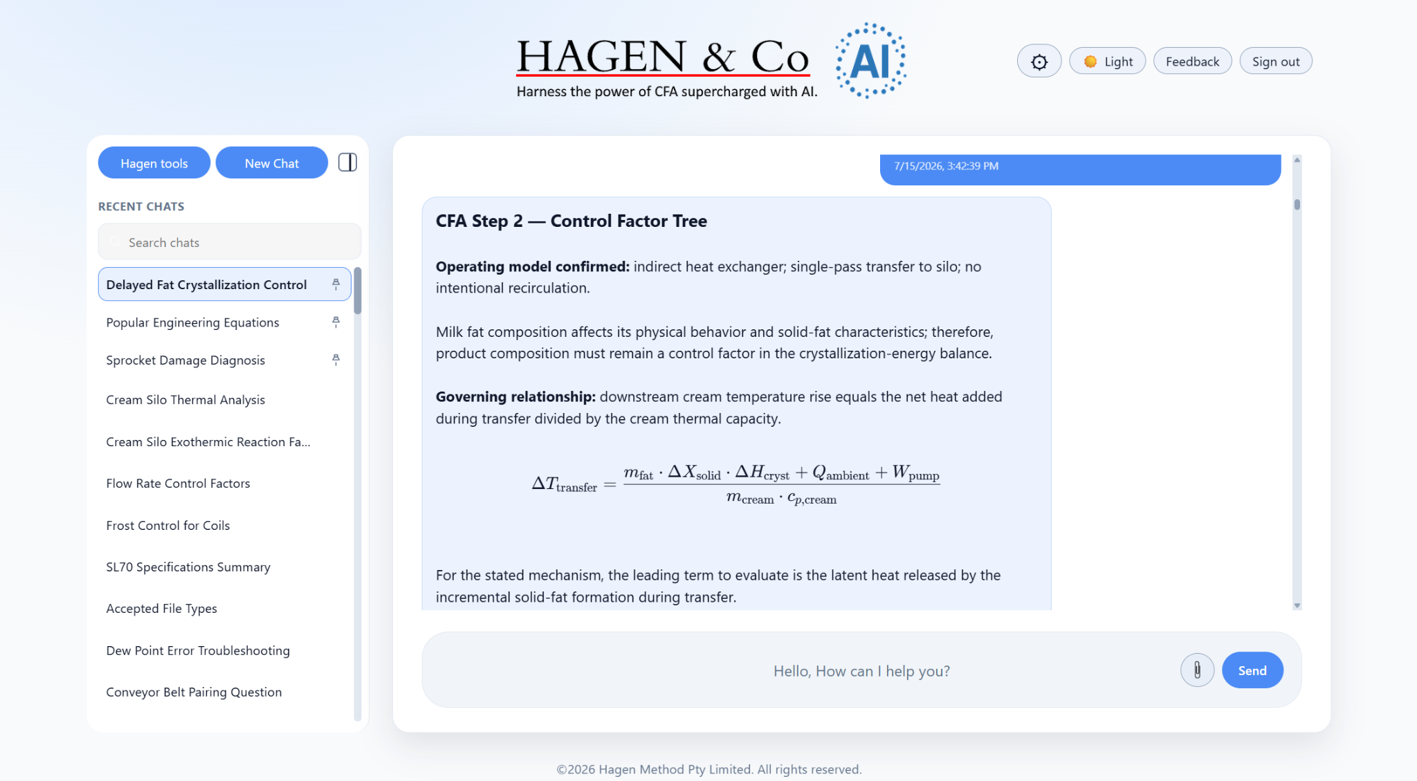 Real Hagen AI cream-temperature investigation in light mode: a confirmed operating model, milk-fat composition and an energy balance for crystallization heat, ambient heat and pump work.