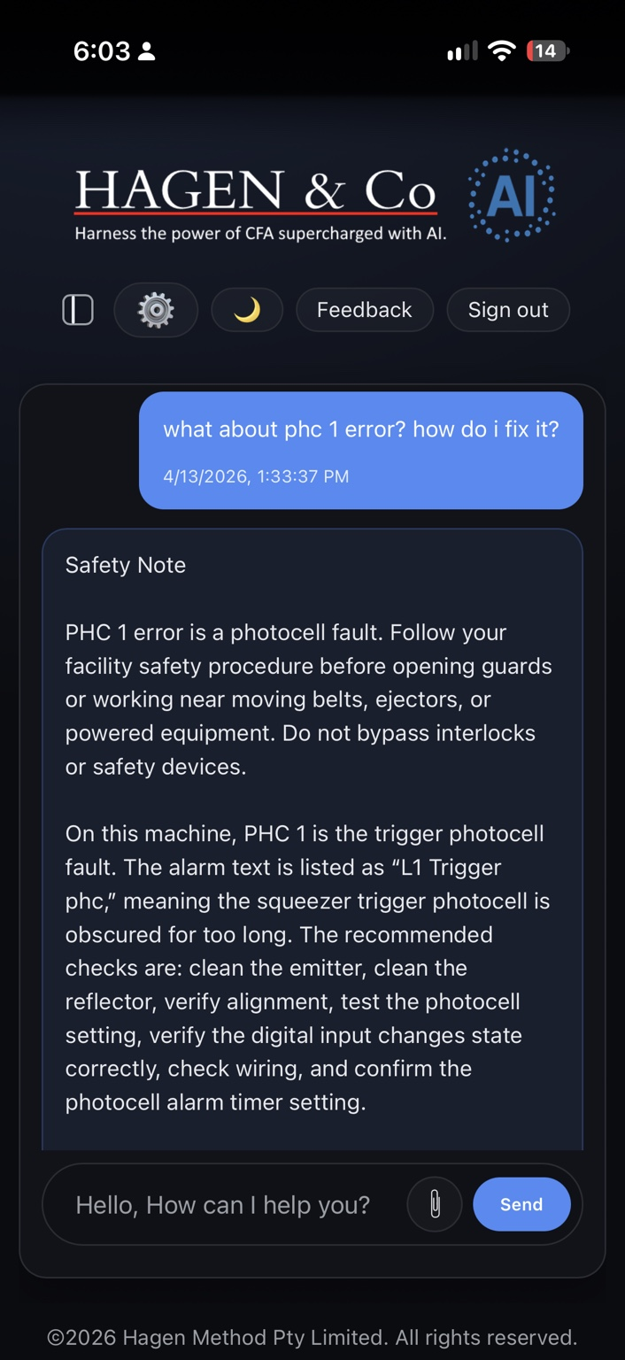The same PHC 1 troubleshooting conversation on a phone in dark mode, with the safety note and photocell checks visible.