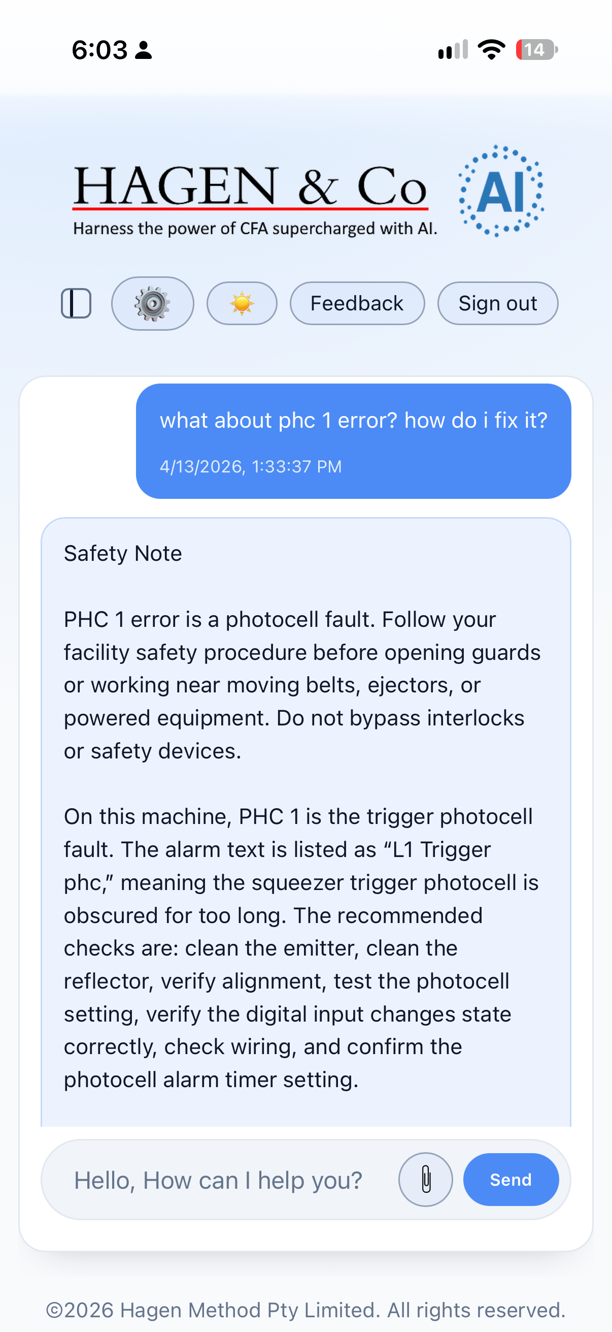 Genuine portrait phone capture of Hagen AI in light mode answering a PHC 1 photocell-fault question, beginning with facility safety procedures and then machine-specific checks.