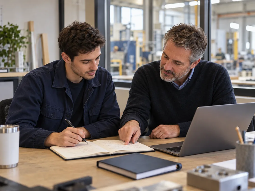 Illustrative coaching scene: a senior male engineer points to a notebook while a younger adult male colleague follows the explanation and takes notes.