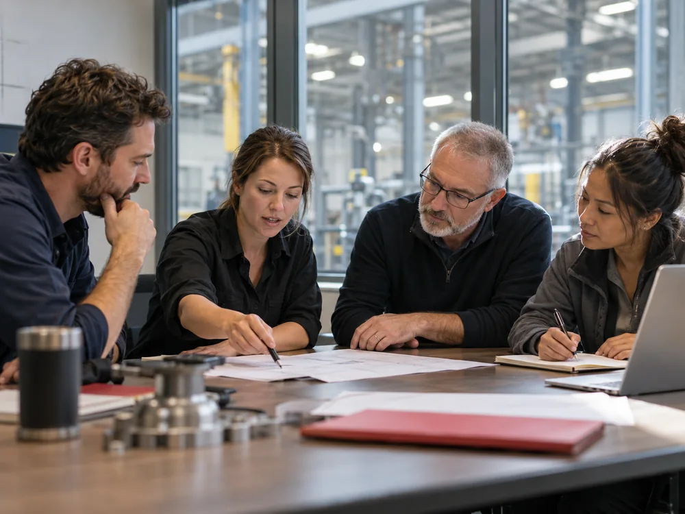 Illustrative workplace scene: four colleagues review a problem together around a table beside a manufacturing facility.